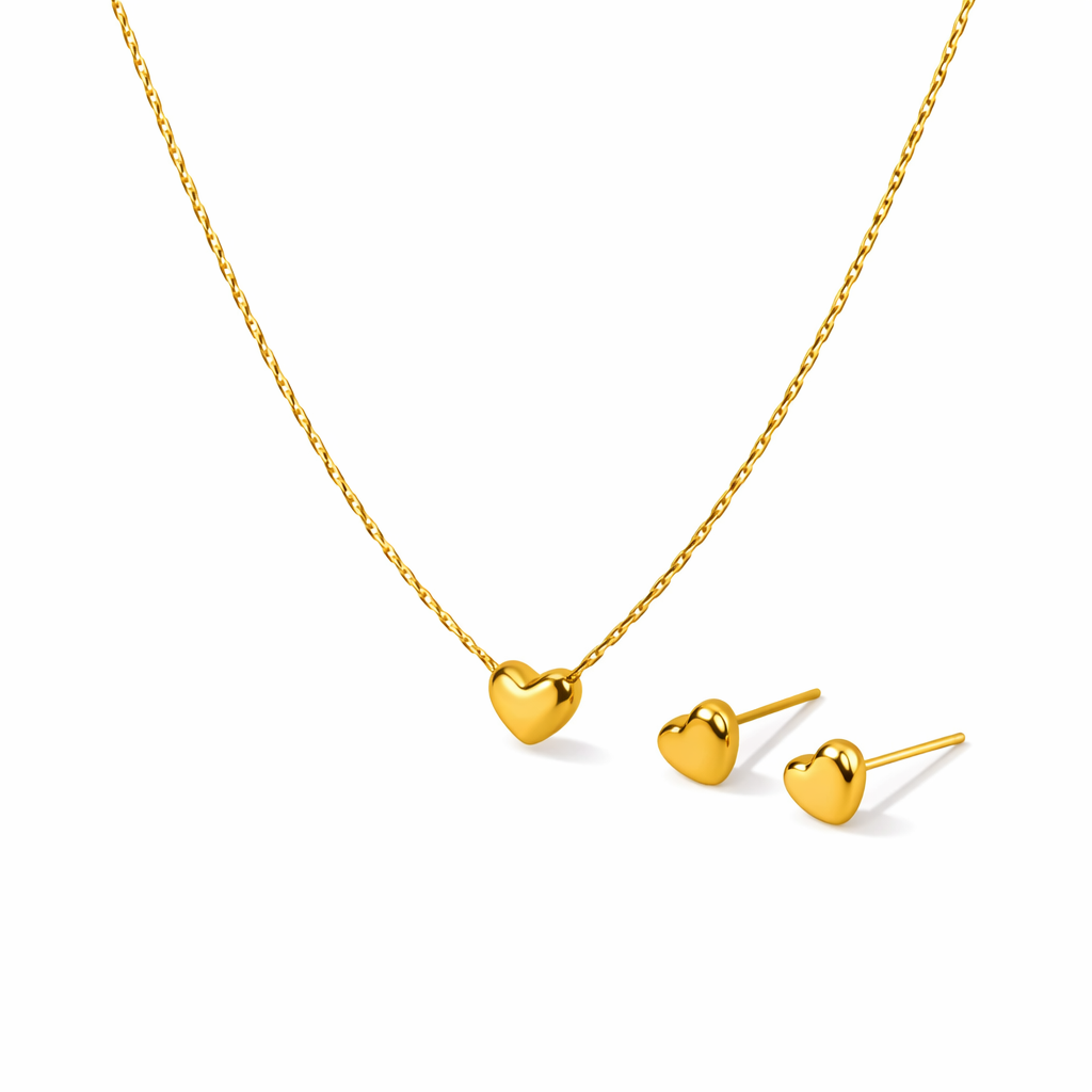 Set Corazón Clásico Dorado Collar y Aretes Acero 316L