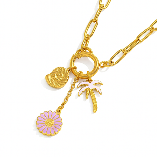 Collar Manuela – Diseño Tropical Dorado con Dijes Esmaltados de Flor, Palmera y Concha