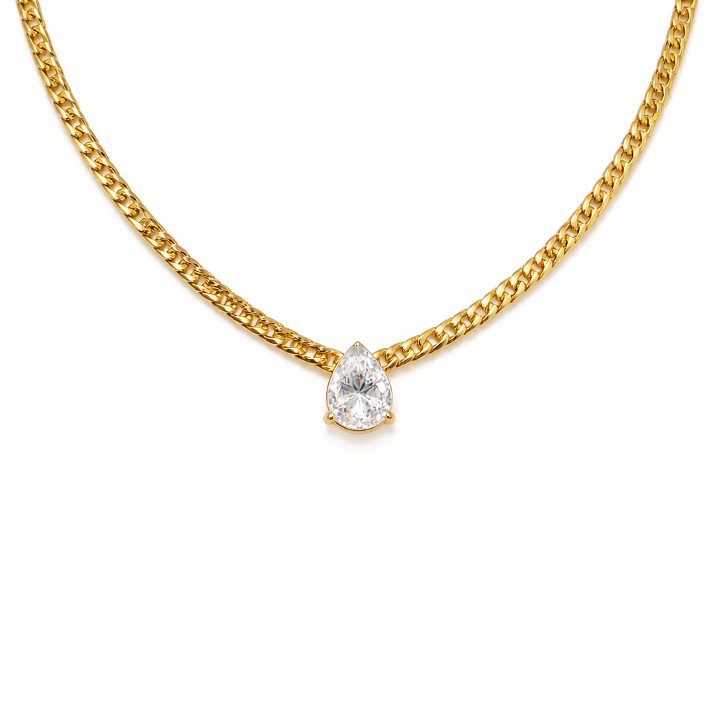 Collar Majo Dorado Tipo Espiga con Dije Gota de Cristal