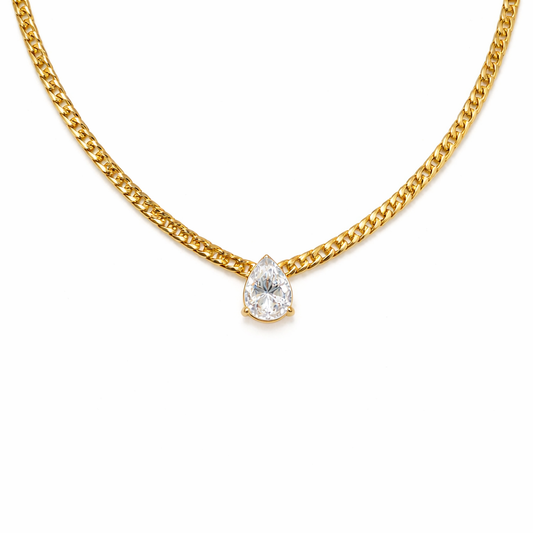 Collar Majo Dorado Tipo Espiga con Dije Gota de Cristal