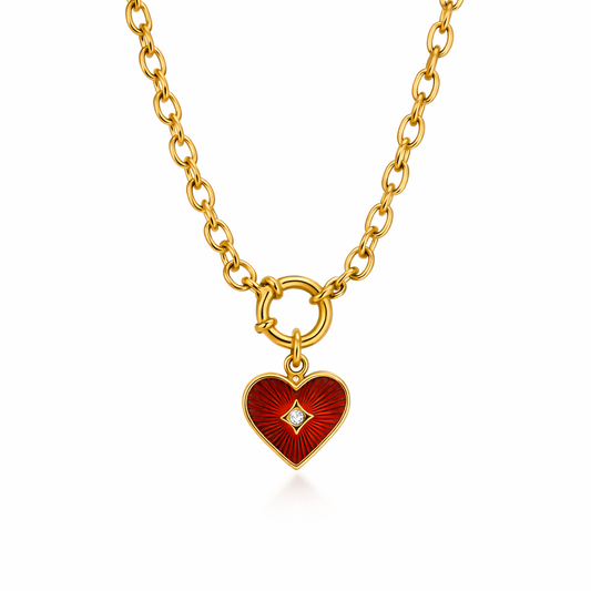 Collar Valentín Dorado con Corazón Esmaltado Rojo
