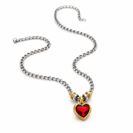 Collar Gratitud Bicolor Plateado y Dorado con Corazón Rojo