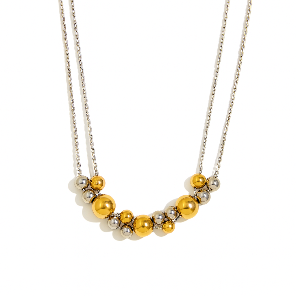 Collar Apolo – Diseño Moderno en Titanio Plateado con Esferas Metálicas Bicolor Dorado y Plateado