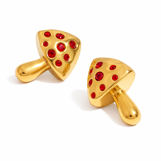 Aretes Hongos Grandes Dorados con Cristales Rojos