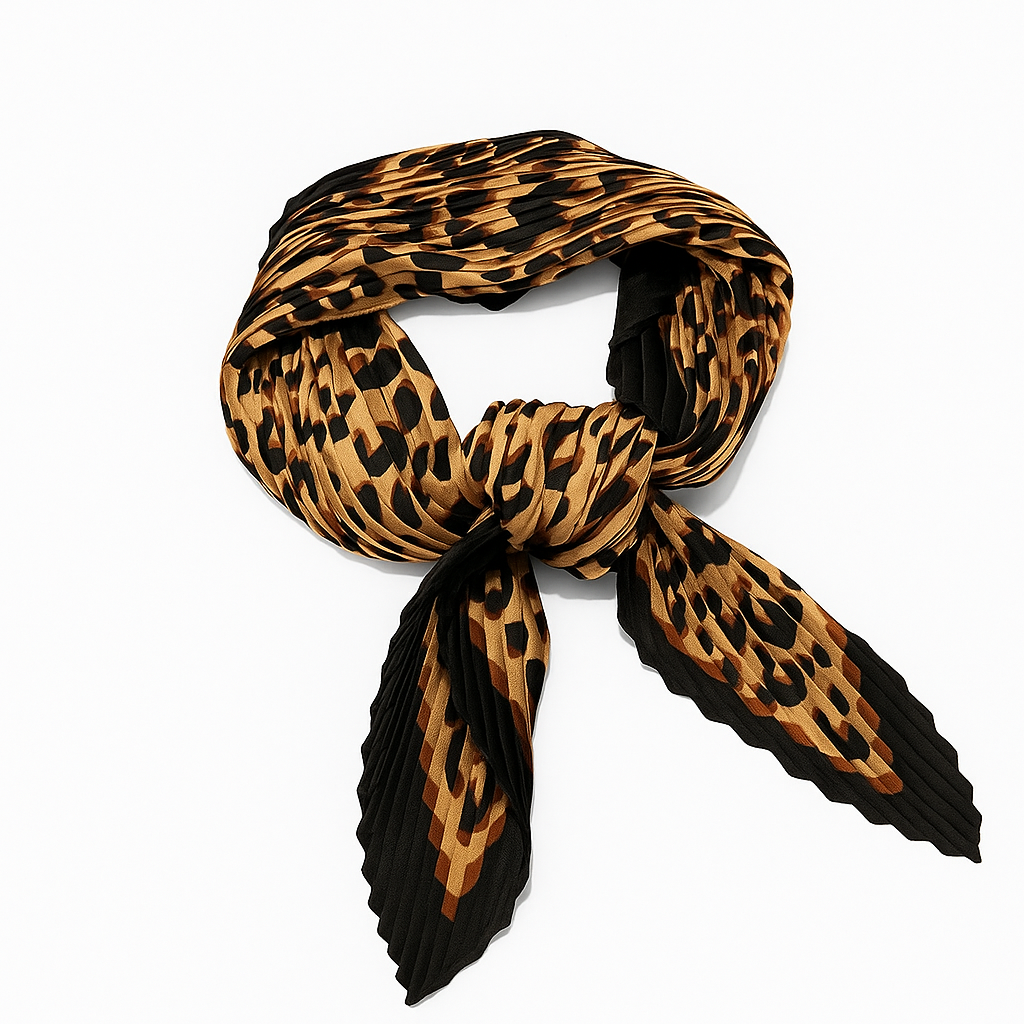 Pañuelo Print – Seda Plisada con Estampado Animal Print en Tonos Marrón, Beige y Negro