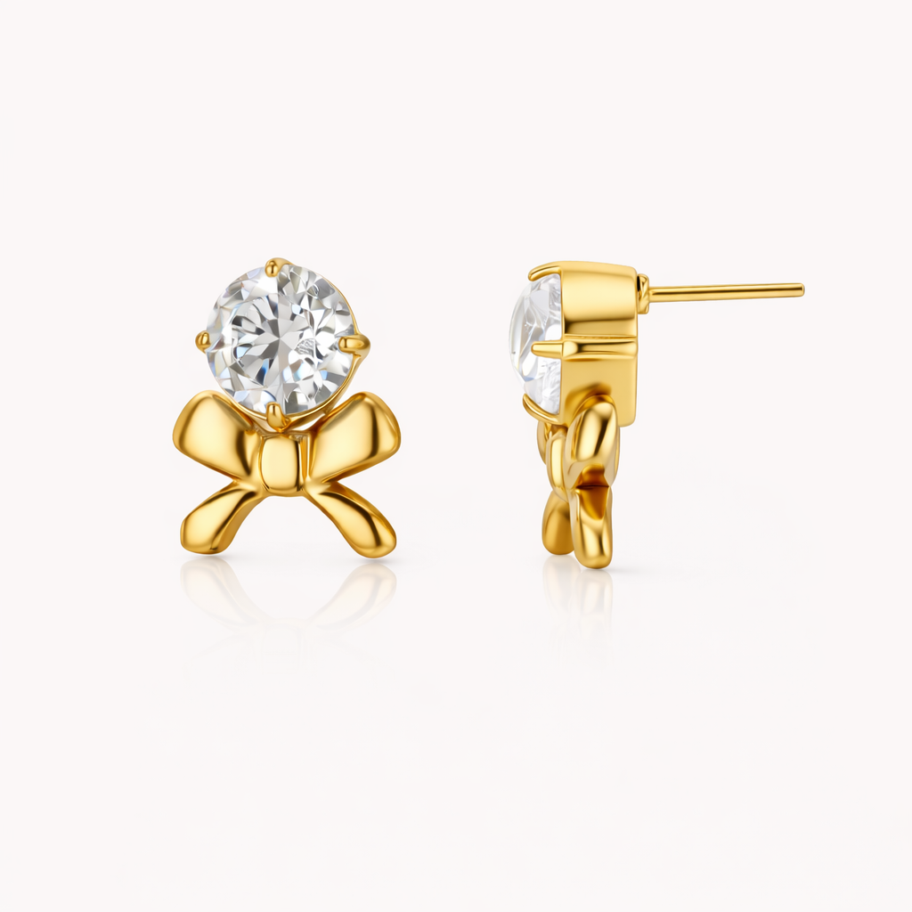 Aretes Lazo Mini – Studs Delicados con Zirconia y Lazo en Acero de Titanio