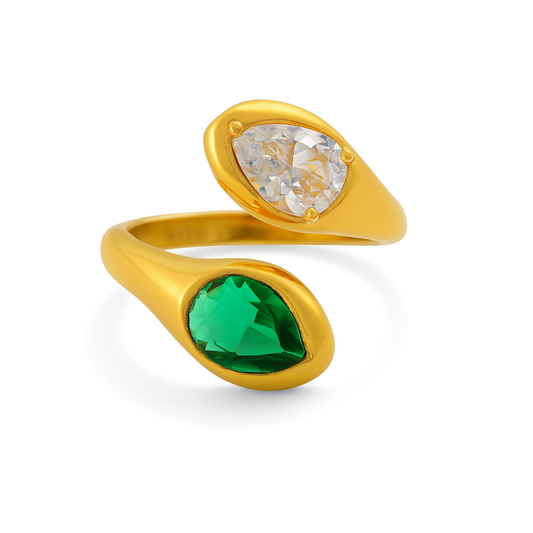 Anillo Dahlia – Diseño Abierto en Acero de Titanio Dorado con Gemas Talla Pera en Verde Esmeralda y Cristal Transparente