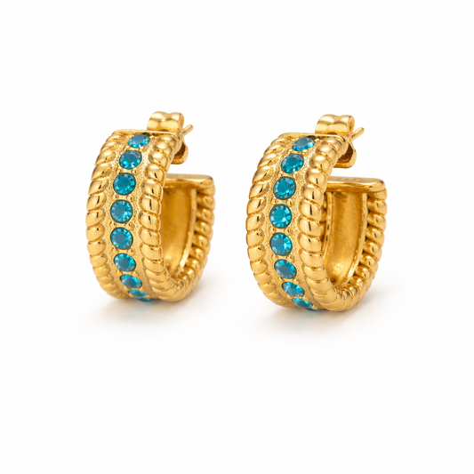 Aretes Aqua Blue – Argollas Doradas con Cristales Turquesa en Acero de Titanio