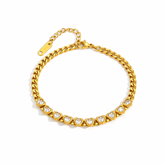 Brazalete Venus Dorado de Eslabones con Corazones y Zirconias