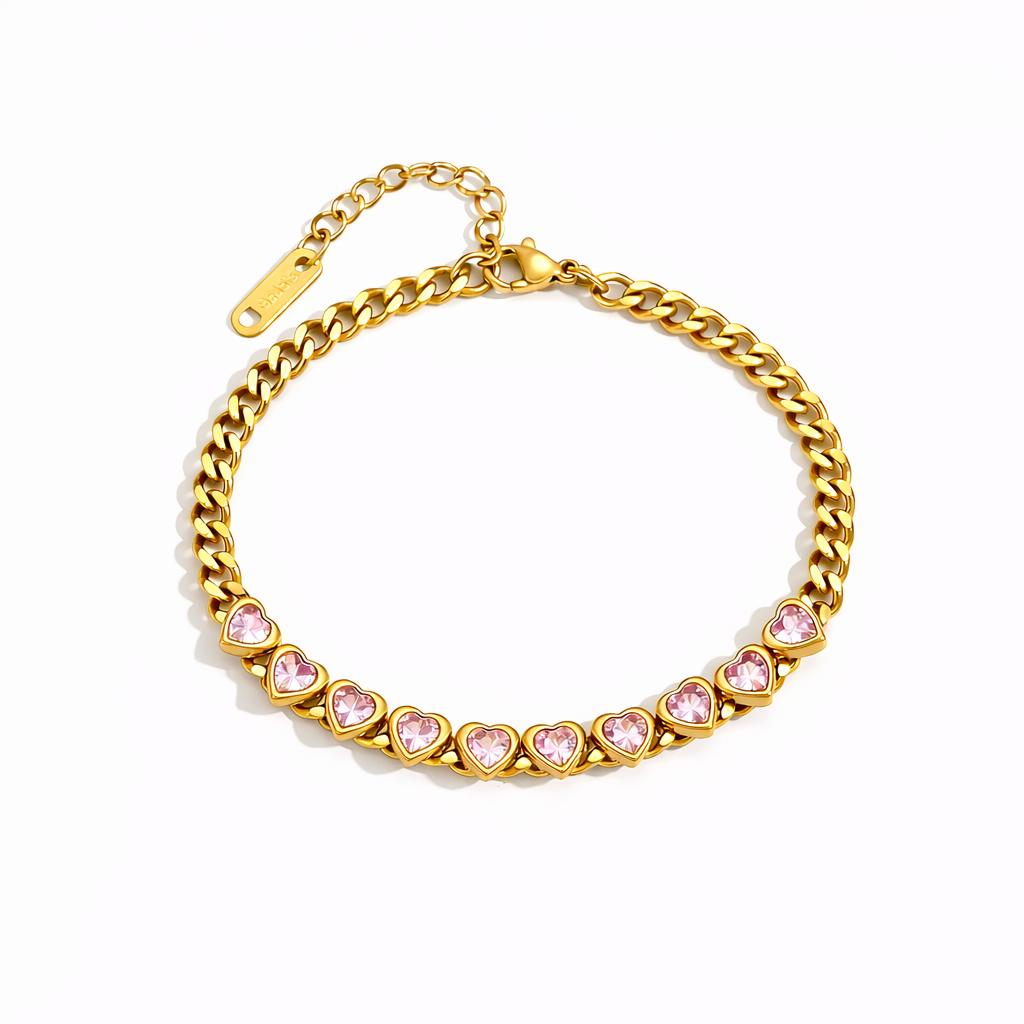 Brazalete Venus Dorado de Eslabones con Corazones y Zirconias
