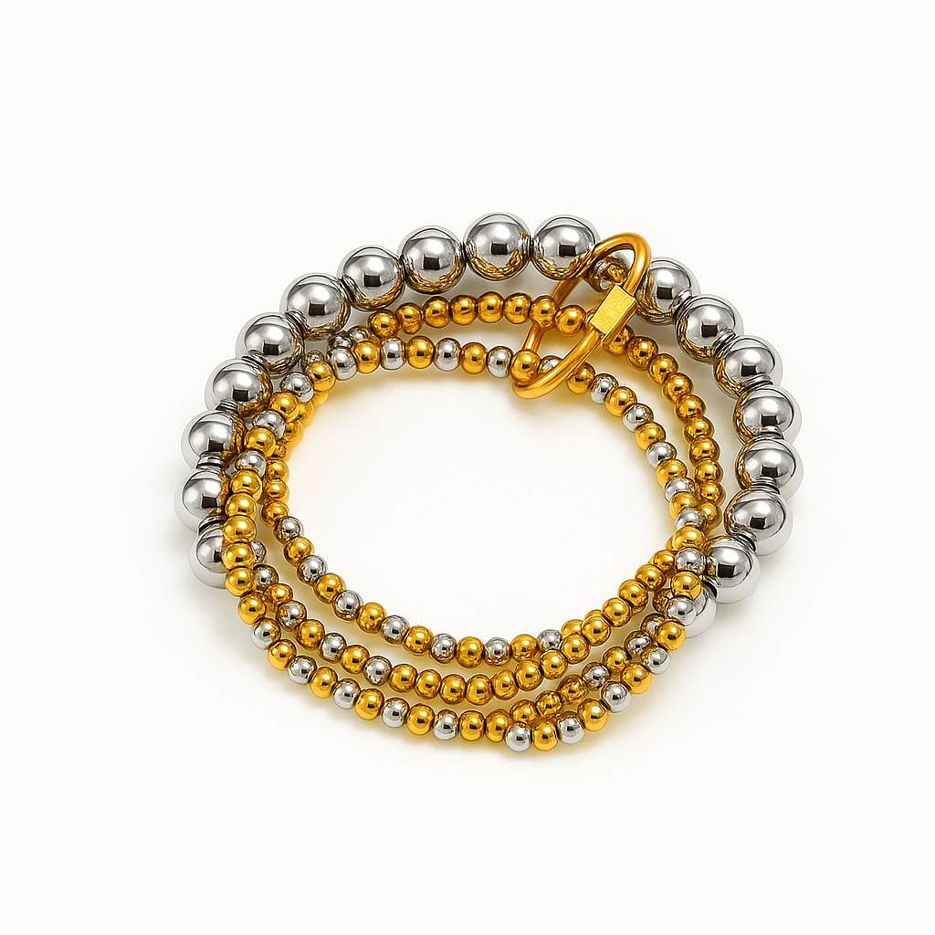Brazalete Savage – Diseño Moderno en Esferas Plateadas y Aro Dorado Texturizado
