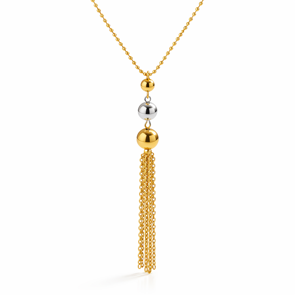 Collar Esfera Fino Bicolor Plateado y Dorado con Borla (59 CM DE LARGO)