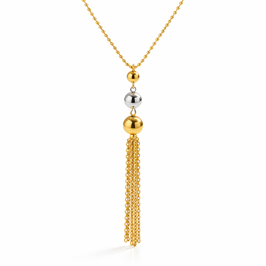 Collar Esfera Fino Bicolor Plateado y Dorado con Borla (59 CM DE LARGO)