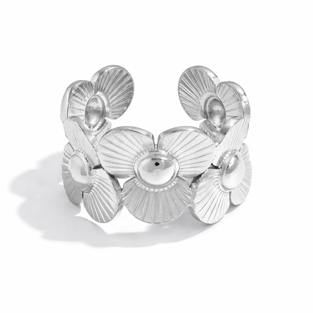 Anillo Floral Ancho Statement Bicolor/Bitono con Acabado Espejo