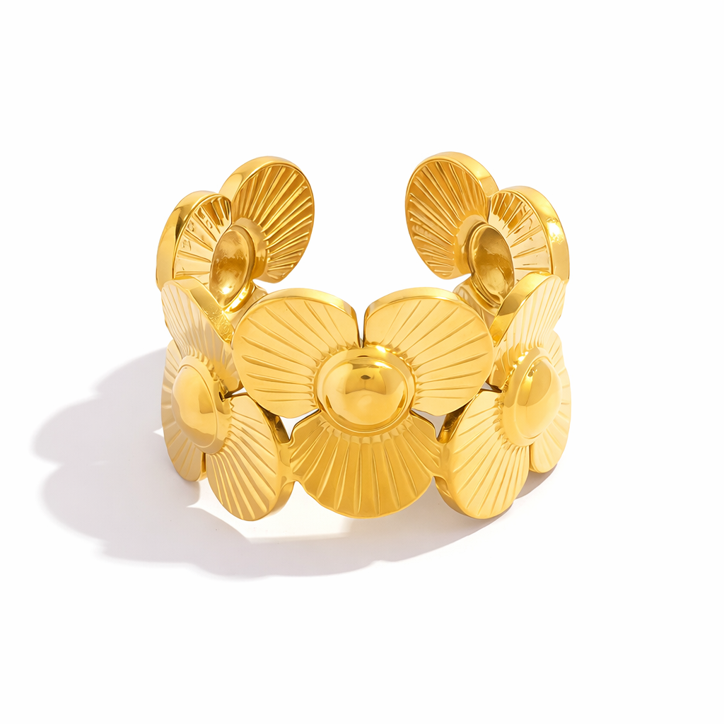 Anillo Floral Ancho Statement Bicolor/Bitono con Acabado Espejo