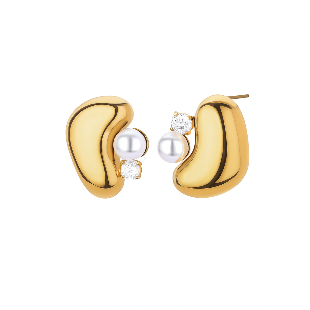 Aretes Hermes – Diseño Orgánico en Titanio Dorado con Circonia Cúbica y Cristales en Blanco, Azul o Verde