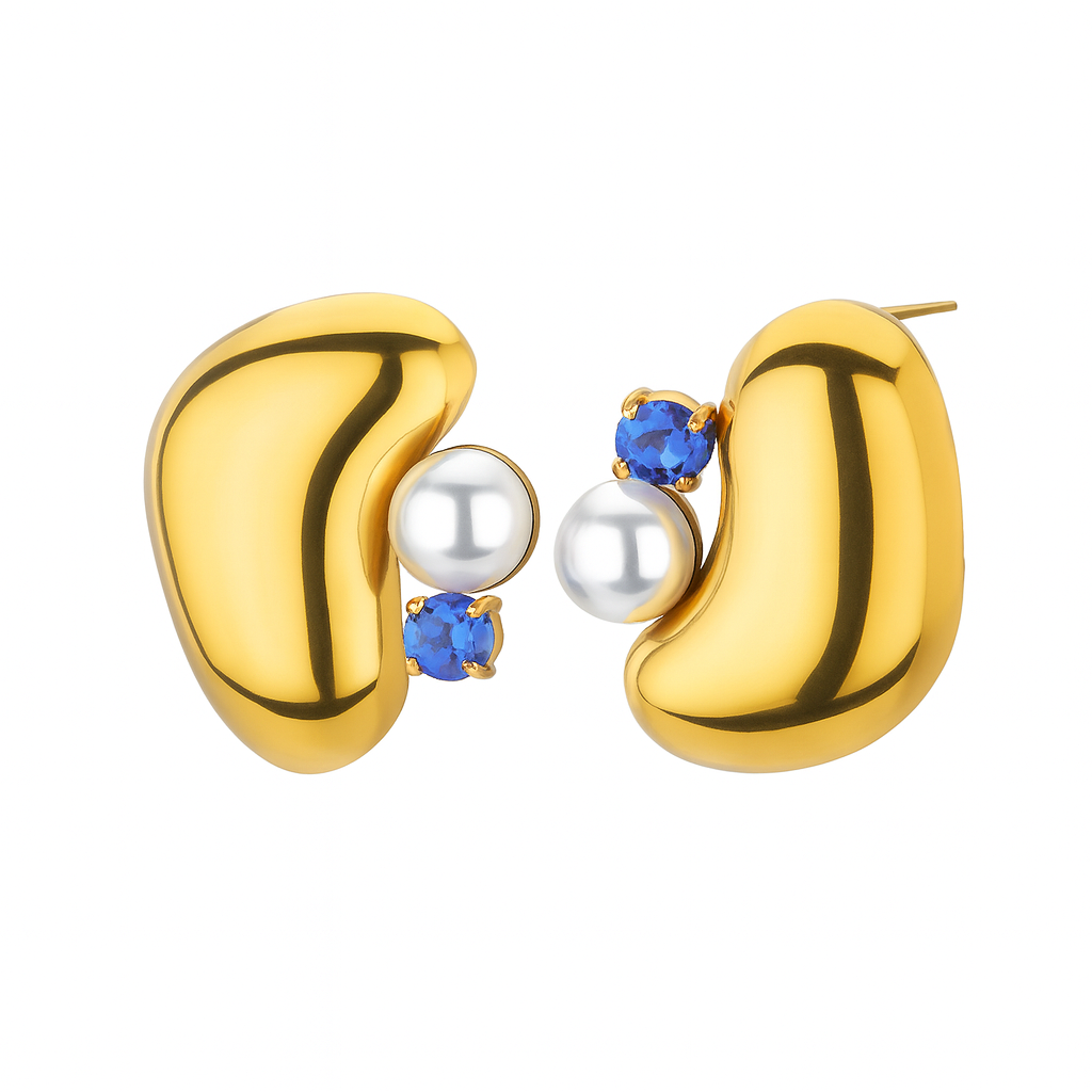 Aretes Hermes – Diseño Orgánico en Titanio Dorado con Circonia Cúbica y Cristales en Blanco, Azul o Verde