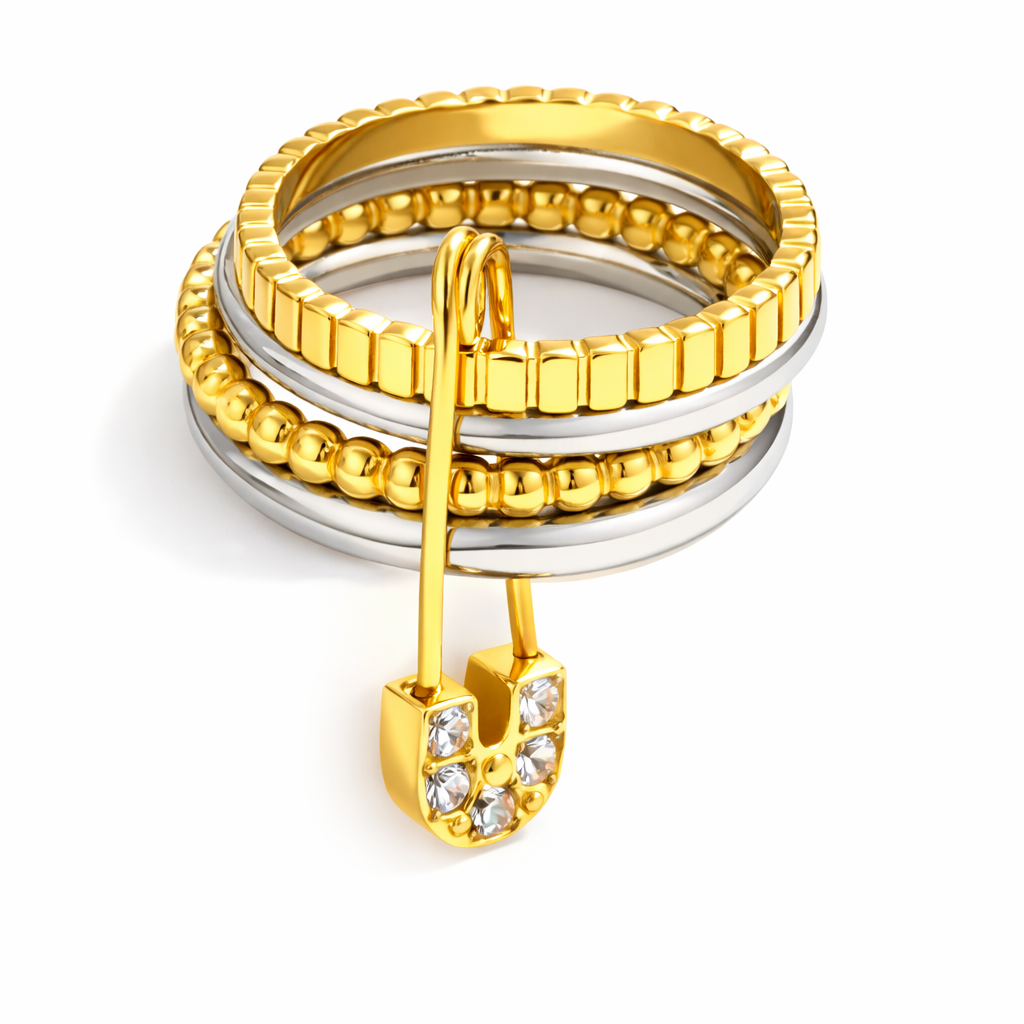Anillo Clip Set Bicolor Dorado y Plateado con Bandas Superpuestas