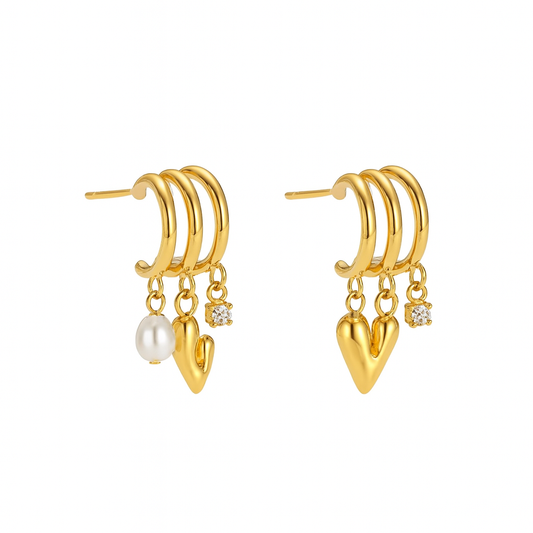 Aretes Marselline – Diseño Escultórico Bicolor en Titanio con Aros y Colgantes de Corazón, Perla y Cristal