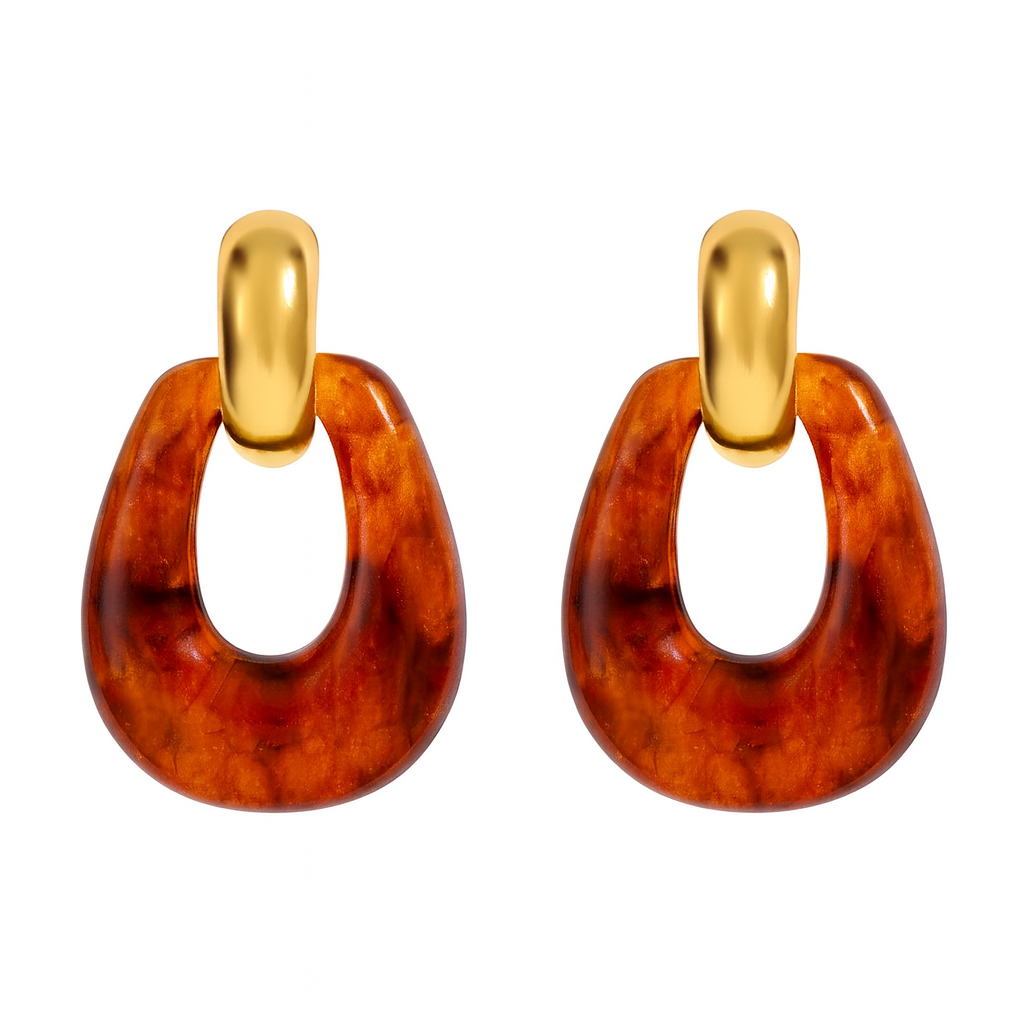 Aretes Leana – Diseño Geométrico en Acero Inoxidable con Resina Marfil y Ámbar, Estilo Retro Chic