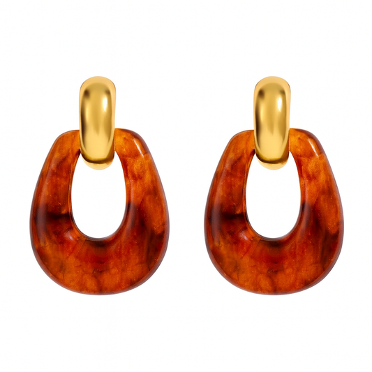 Aretes Leana – Diseño Geométrico en Acero Inoxidable con Resina Marfil y Ámbar, Estilo Retro Chic