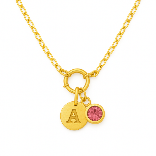 Collar Alicia – Diseño Artesanal en Titanio Dorado con Placa Grabada a Mano y Charm de Circonia