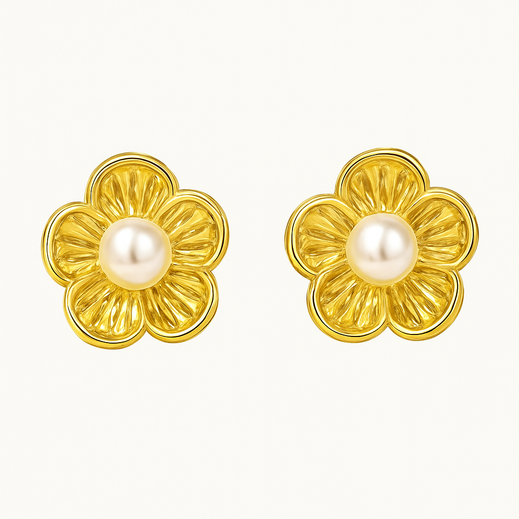 Aretes Dalia – Diseño Floral en Titanio Dorado y Plateado con Perla Blanca