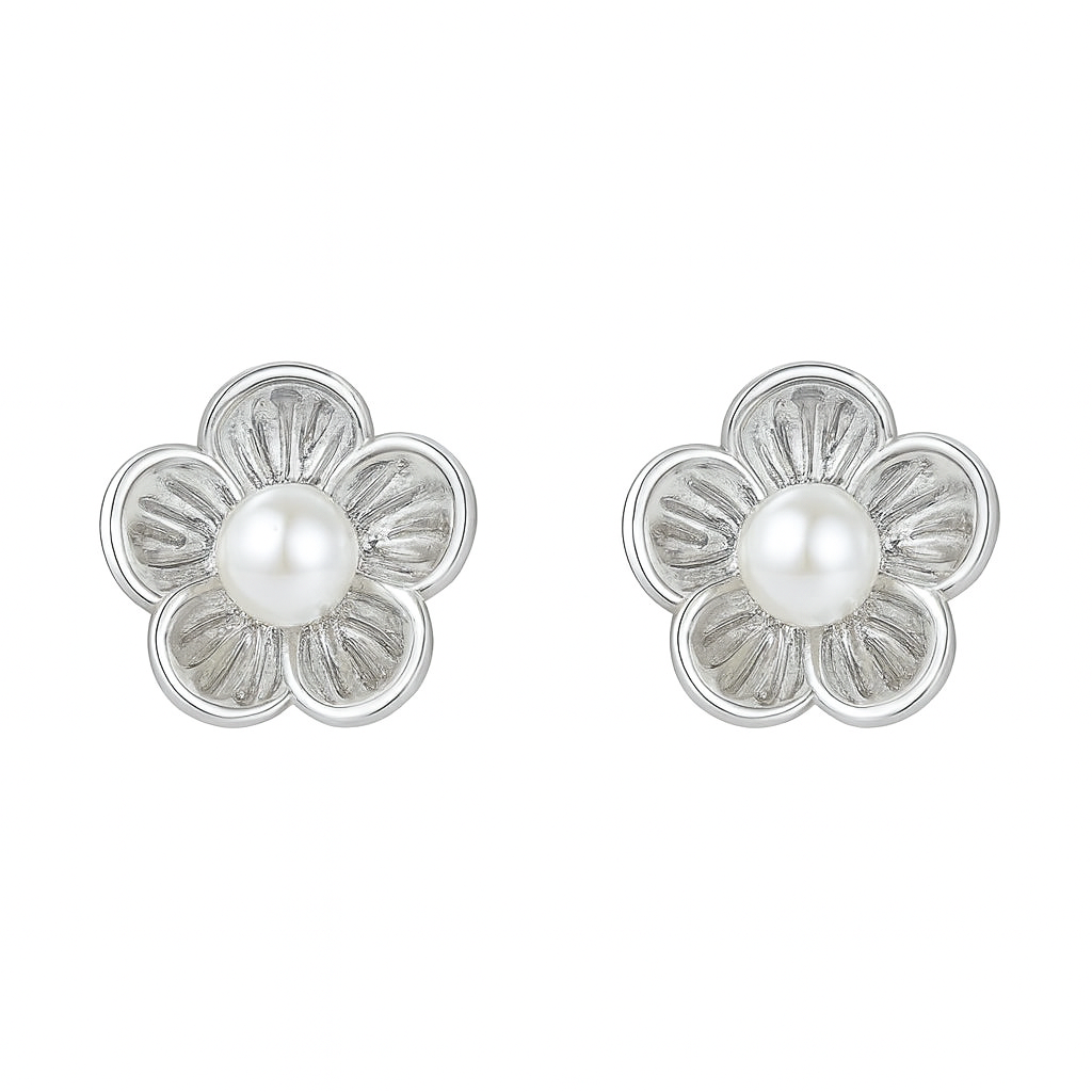 Aretes Dalia – Diseño Floral en Titanio Dorado y Plateado con Perla Blanca
