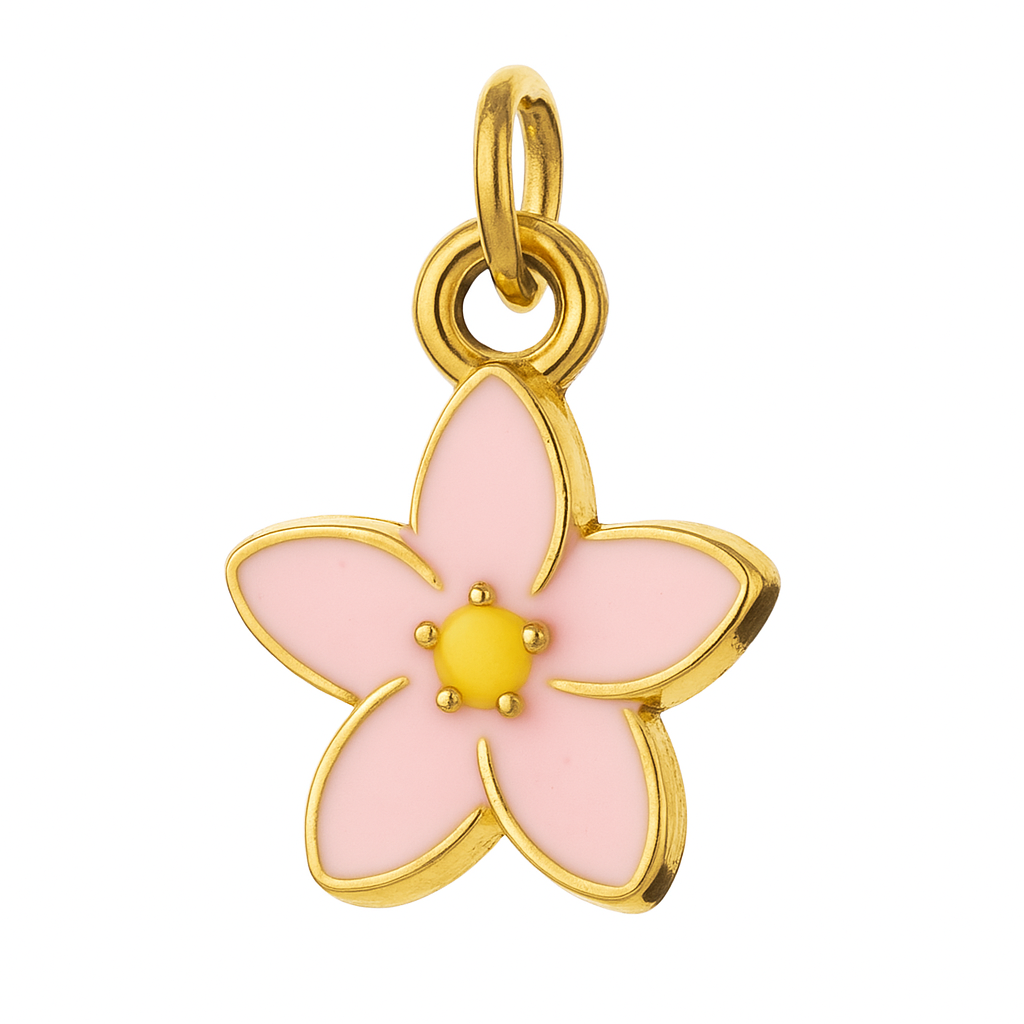 Charm Flor Pastel Bicolor Dorado – Diseño de Cinco Pétalos en Titanio con Esmalte Rosa y Celeste Suave