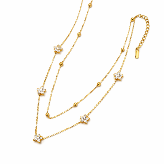 Collar Flores de Doble Cadena Dorado y Plateado