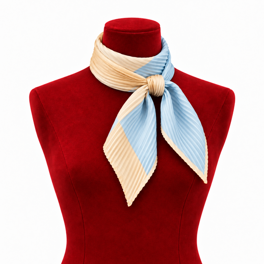 Pañuelo Verona – Seda plisada bicolor en azul cielo y beige cálido con diseño minimalista y sofisticado.