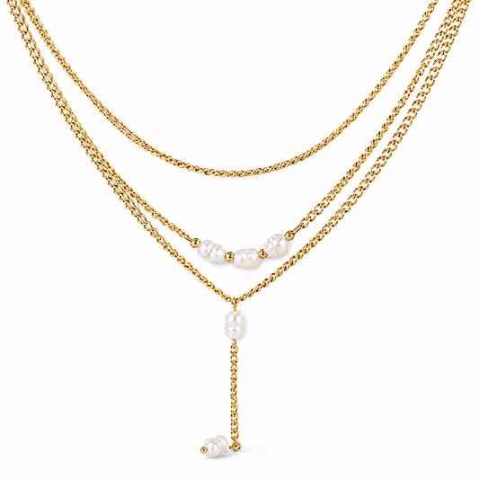 Collar Rosa de Tres Capas con Perlas en Acero Inoxidable 316L